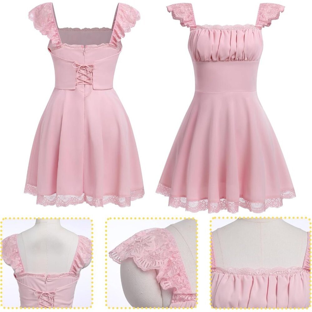 Women's Lace Mini Dress Flowy A-Line Square Neck Ruffle Summer Casual - Picture 6 of 6
